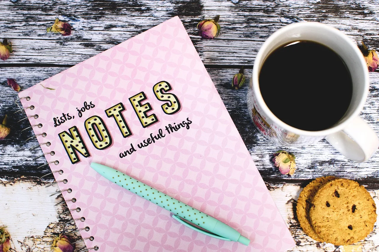 notebook, pen, coffee, cookie, food, drink, wooden, table, relax