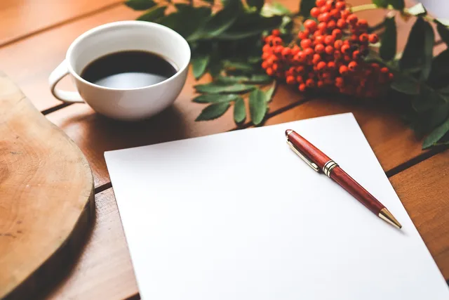 blank, paper, pen, coffee, work, working, desk, coffee cup, wooden table, page, note, blank page, blank paper, white, cup, workspace, workplace. Landing page software tool implementation: a test-first checklist